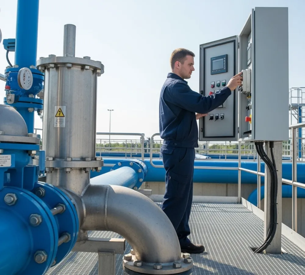 Technician operating a control panel at a municipal wastewater treatment facility with blue pipes and stainless steel equipment in Florida